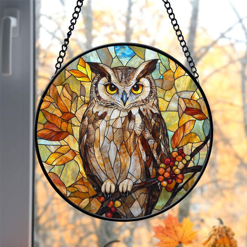 Owl Faux Stained Glass Suncatcher, Bird Faux Stained Glass Window Hanging, Birthday Gift For Women, Christmas Gift, Gift For Mom, Owl Lover