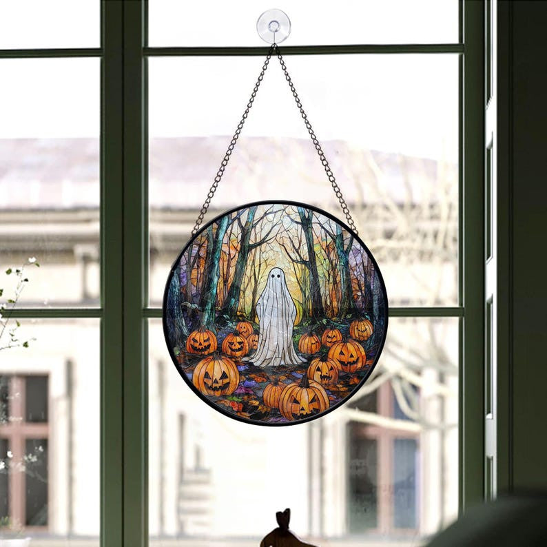 Faux Stained Glass Ghost in The Woods Glass Suncatcher, Mysterious Ghost Suncatcher, Halloween Decor, Halloween Gifts, Spooky Decor,