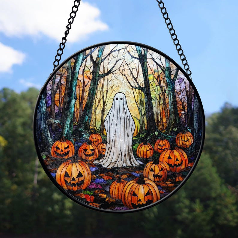 Faux Stained Glass Ghost in The Woods Glass Suncatcher, Mysterious Ghost Suncatcher, Halloween Decor, Halloween Gifts, Spooky Decor,