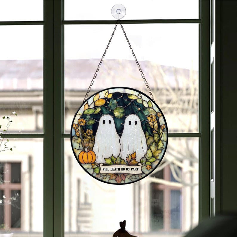 Faux Stained Glass Couple Ghost Glass Suncatcher, Till Death Do Us Part Suncatcher, Halloween Decor, Halloween Couple, Anniversary Gifts