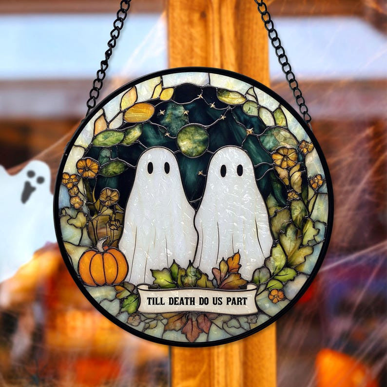Faux Stained Glass Couple Ghost Glass Suncatcher, Till Death Do Us Part Suncatcher, Halloween Decor, Halloween Couple, Anniversary Gifts