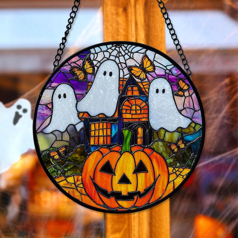 Faux Stained Glass Spooky Ghost Glass Suncatcher, Halloween Faux Stained Glass Suncatcher, Halloween Decor, Halloween Gifts, Spooky Decor