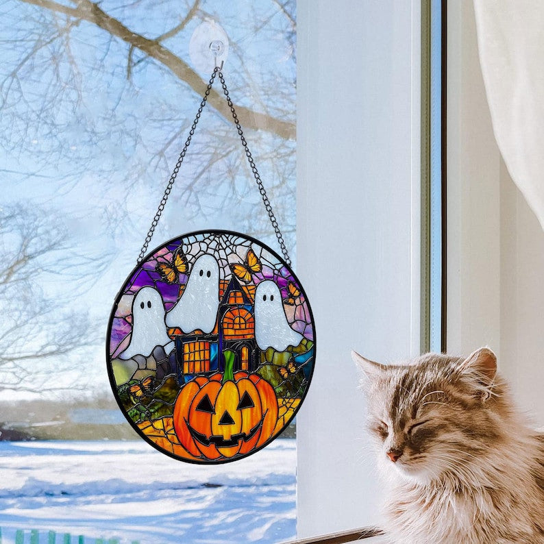 Faux Stained Glass Spooky Ghost Glass Suncatcher, Halloween Faux Stained Glass Suncatcher, Halloween Decor, Halloween Gifts, Spooky Decor