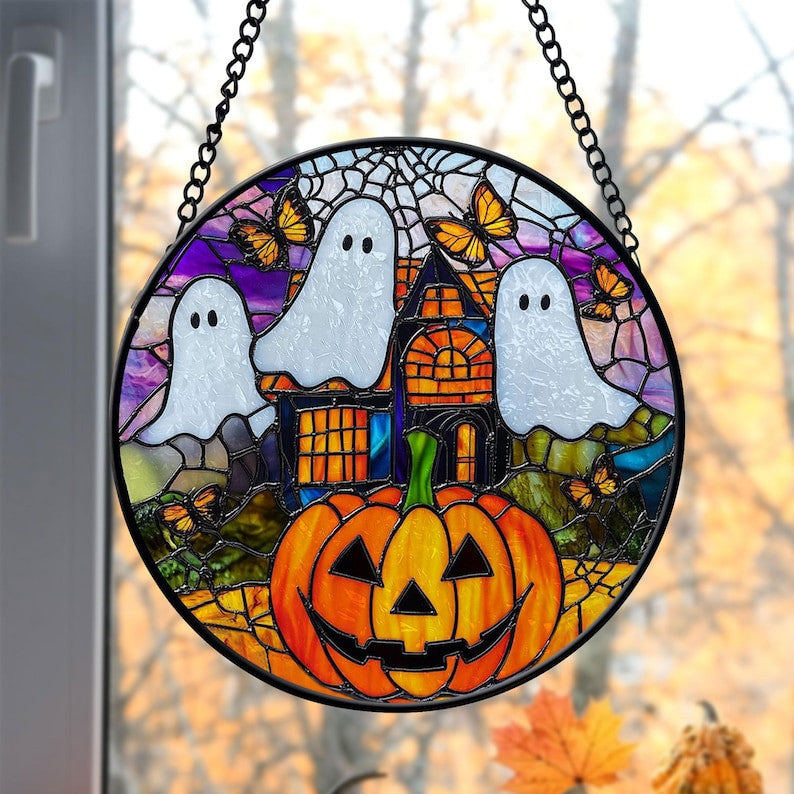Faux Stained Glass Spooky Ghost Glass Suncatcher, Halloween Faux Stained Glass Suncatcher, Halloween Decor, Halloween Gifts, Spooky Decor
