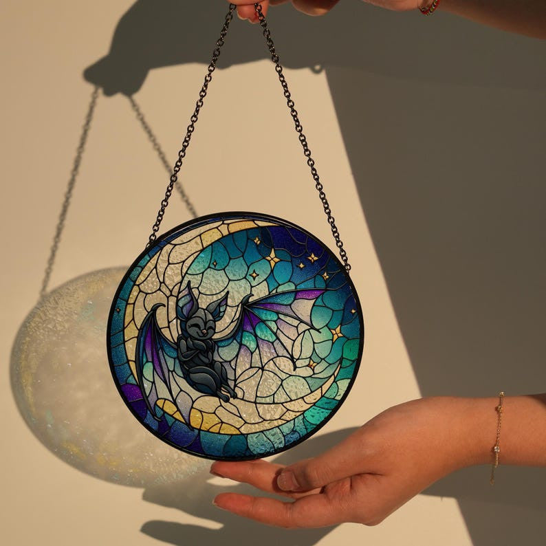 Crescent Moon And Bat Glass Hanging, Bat Halloween Window Hanging, Bat Suncatcher, Dark Academia, Gothic Sign, Housewarming Gift