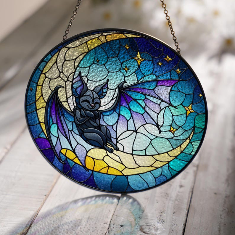 Crescent Moon And Bat Glass Hanging, Bat Halloween Window Hanging, Bat Suncatcher, Dark Academia, Gothic Sign, Housewarming Gift