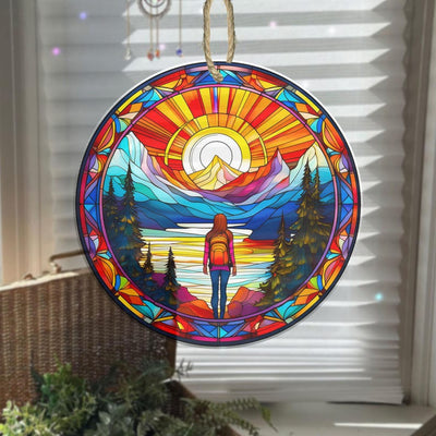 Women Girl Hiker Acrylic Suncatcher Ornament, Faux Stained Glass Style, Home Decor, Window Decor, Gift For Her, Hiker, Trekker, Hiking, Trekking