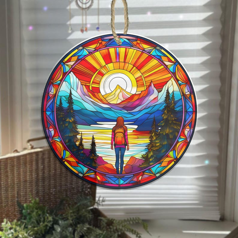 Women Girl Hiker Acrylic Suncatcher Ornament, Faux Stained Glass Style, Home Decor, Window Decor, Gift For Her, Hiker, Trekker, Hiking, Trekking