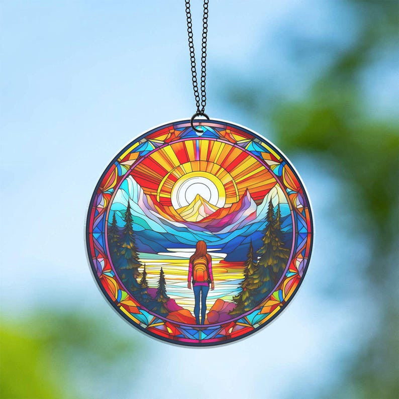 Women Girl Hiker Acrylic Suncatcher Ornament, Faux Stained Glass Style, Home Decor, Window Decor, Gift For Her, Hiker, Trekker, Hiking, Trekking