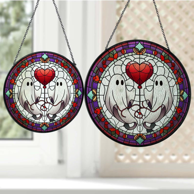 Couple Ghost Faux Stained Glass Sun Catcher, Ghost Sun Catcher Ornament, Couple Ghost Suncatcher, Halloween Gift, Halloween Ghost Decor