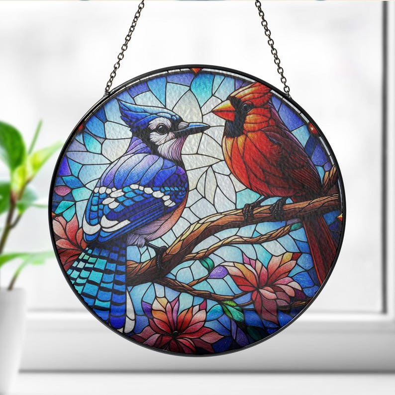 Blue Jay And Cardinal On Branch Glass Suncatcher Hanging, Blue Jay Lovers Gift, Suncatcher Ornament, Bird Nerd Gift, Bird Feeder