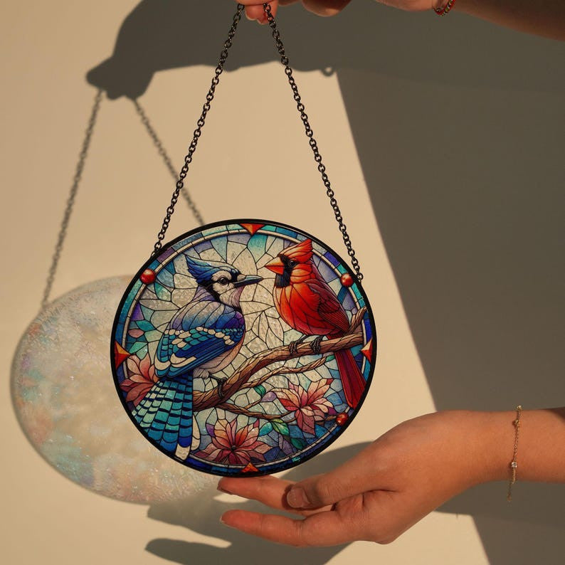 Blue Jay And Cardinal On Branch Glass Suncatcher Hanging, Blue Jay Lovers Gift, Suncatcher Ornament, Bird Nerd Gift, Bird Feeder
