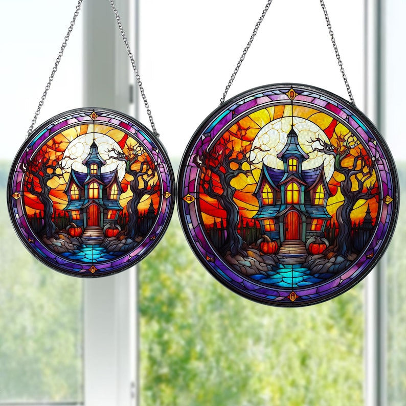 Haunted House Glass Suncatcher Ornament, Home Decor, Window Decor, Gift For Her, Halloween Decor, Halloween Gift, Horror Movie, Spooky Gift