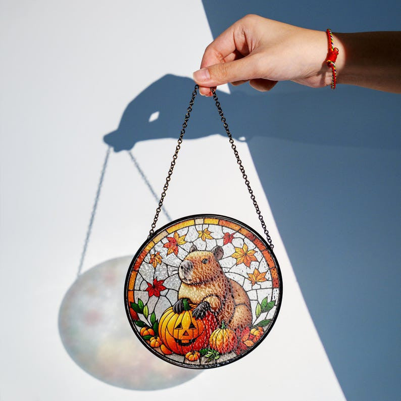 Capybara Autumn Glass Hanging, Capybara Decor, Be Capy, Home Decor, Capybara Suncatcher Decor, Fall Vibes, Gift For Her, Thanksgiving Gift