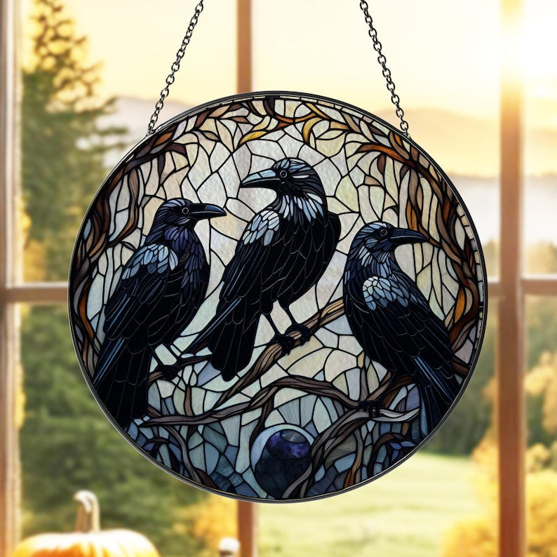 Three Crows On Branch Glass Window Hanging, Dark Academia, Raven Lover Gift, Halloween Decor, Gothic Sign Hanging, Raven Suncatcher