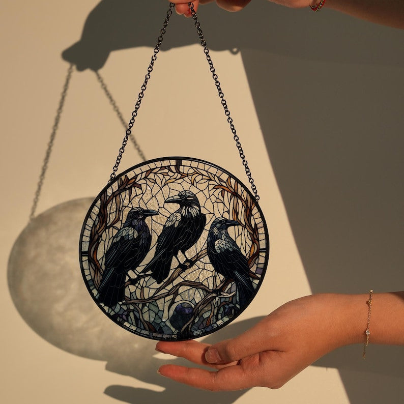 Three Crows On Branch Glass Window Hanging, Dark Academia, Raven Lover Gift, Halloween Decor, Gothic Sign Hanging, Raven Suncatcher