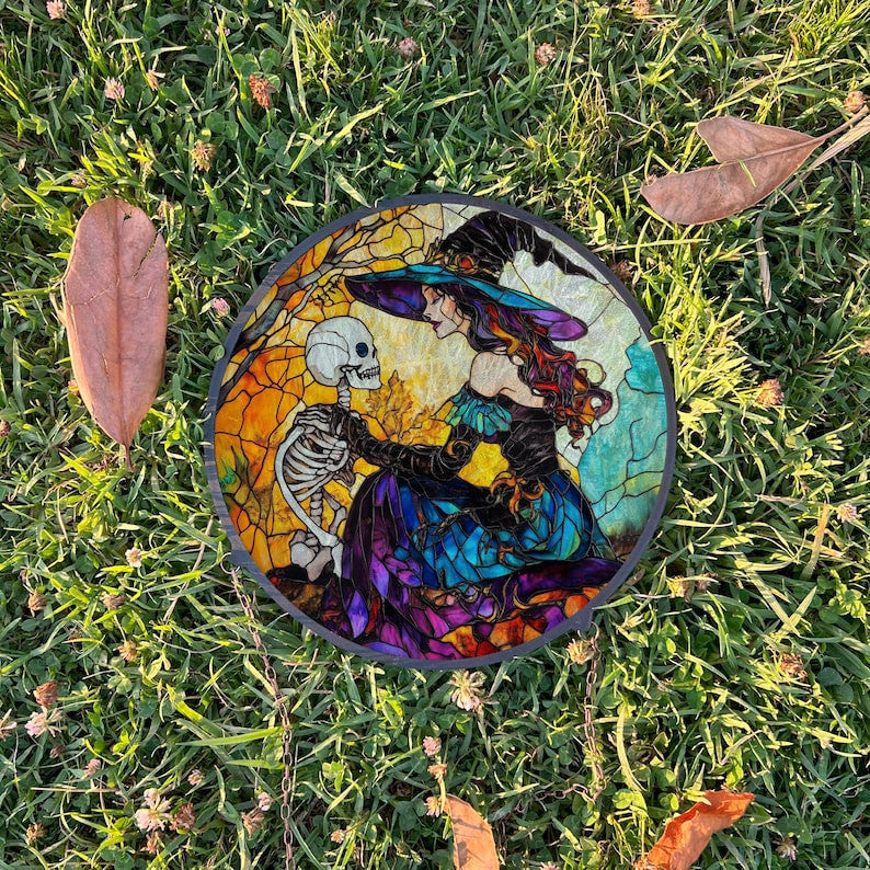 Witch And The Skeleton Painted Faux Stained Glass Suncatcher, Window Hanging Decor, Outdoor Sun Catcher, Halloween Decor