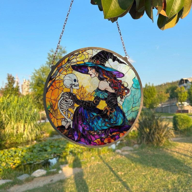 Witch And The Skeleton Painted Faux Stained Glass Suncatcher, Window Hanging Decor, Outdoor Sun Catcher, Halloween Decor