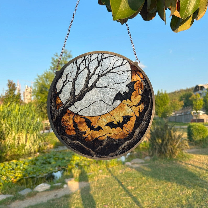 Halloween Themed Bat Cave Painted Faux Stained Glass Suncatcher, Window Hanging Decor, Outdoor Sun Catcher Decor, Mirrorball Wall Decor