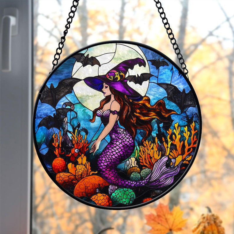 Mermaid Witch Glass Suncatcher, Halloween Decor, Mermaid Halloween Window Hanger, Gothic Decor, Halloween Gifts, Mermaid Lover Gifts