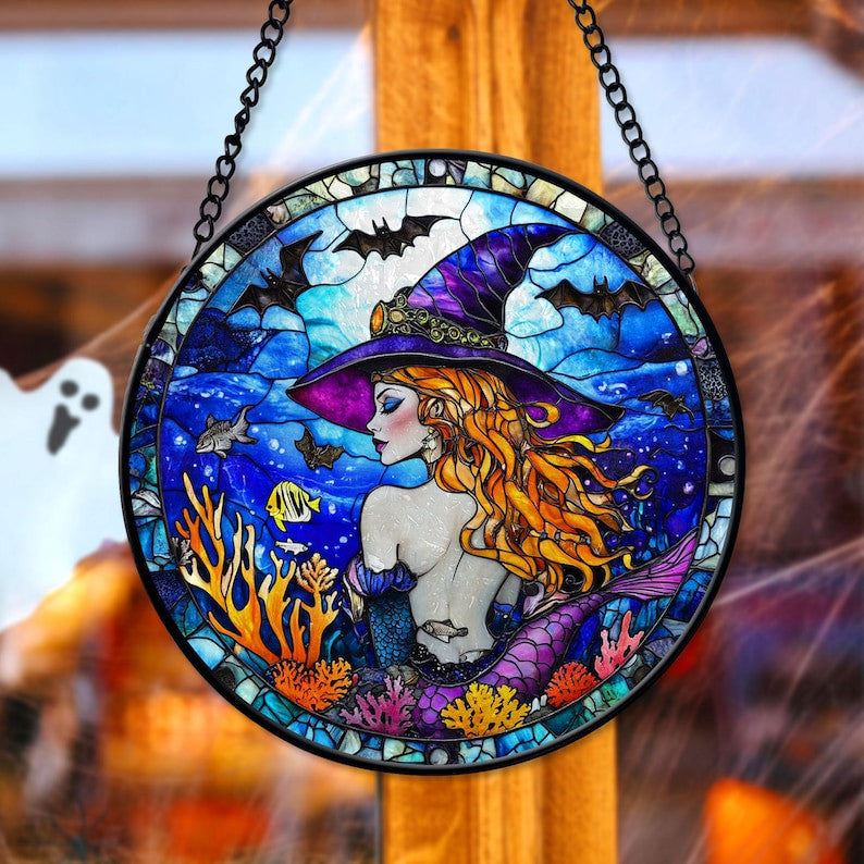 Mermaid Witch Glass Suncatcher, Halloween Decor, Mermaid Halloween Window Hanger, Gothic Decor, Halloween Gifts, Mermaid Lover Gifts