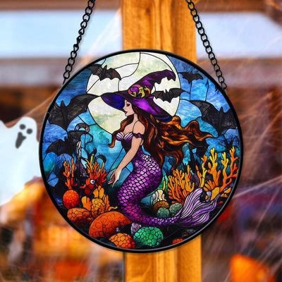 Mermaid Witch Glass Suncatcher, Halloween Decor, Mermaid Halloween Window Hanger, Gothic Decor, Halloween Gifts, Mermaid Lover Gifts
