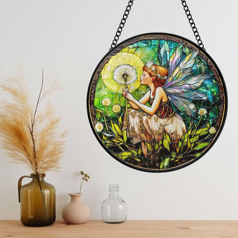 Dandelion Fairy Faux Stained Glass, Fairies Flower Glass Suncatcher, Birthday Gift For Mom Wife Grandma, Christmas Gift, Fairies Lover Gift