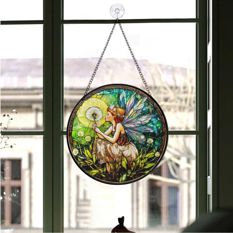 Dandelion Fairy Faux Stained Glass, Fairies Flower Glass Suncatcher, Birthday Gift For Mom Wife Grandma, Christmas Gift, Fairies Lover Gift
