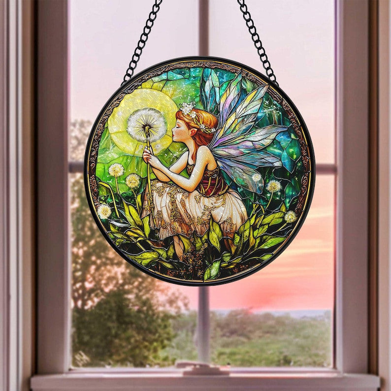 Dandelion Fairy Faux Stained Glass, Fairies Flower Glass Suncatcher, Birthday Gift For Mom Wife Grandma, Christmas Gift, Fairies Lover Gift