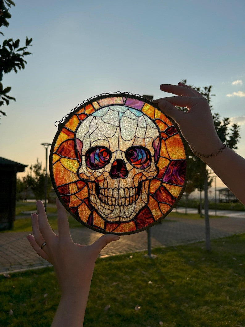 Skull Painted Faux Stained Glass Suncatcher, Window Hanging Decor, Outdoor Sun Catcher, Halloween Decor