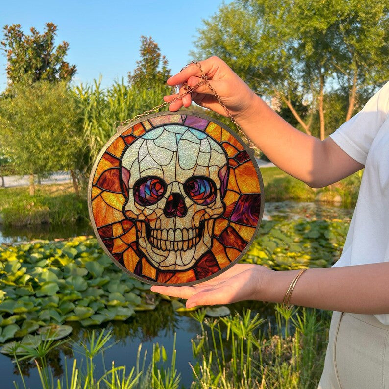Skull Painted Faux Stained Glass Suncatcher, Window Hanging Decor, Outdoor Sun Catcher, Halloween Decor