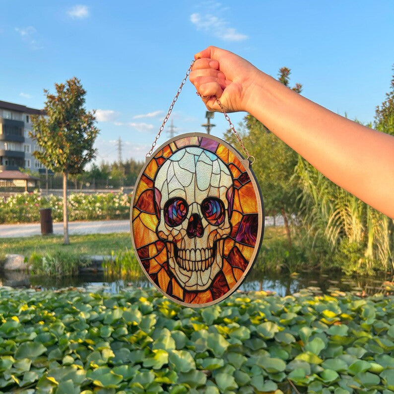 Skull Painted Faux Stained Glass Suncatcher, Window Hanging Decor, Outdoor Sun Catcher, Halloween Decor