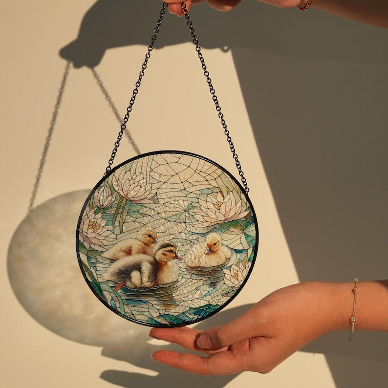 Baby Ducklings N Lily Pad Glass Hanging, Baby Duck Glass, Nature Landscape, Spring Vibes, Farmhouse Decor, Duck Suncatcher