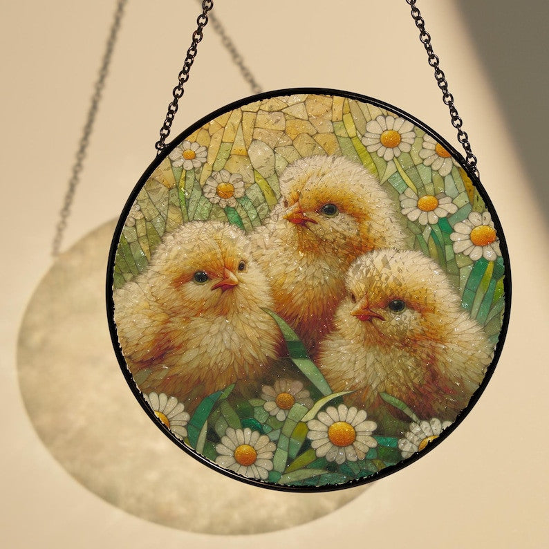 Baby Chicks N Wildflower Fields Glass Hanging, Chicks Glass, Nature Landscape, Spring Vibes, Farmhouse Decor, Chick Suncatcher