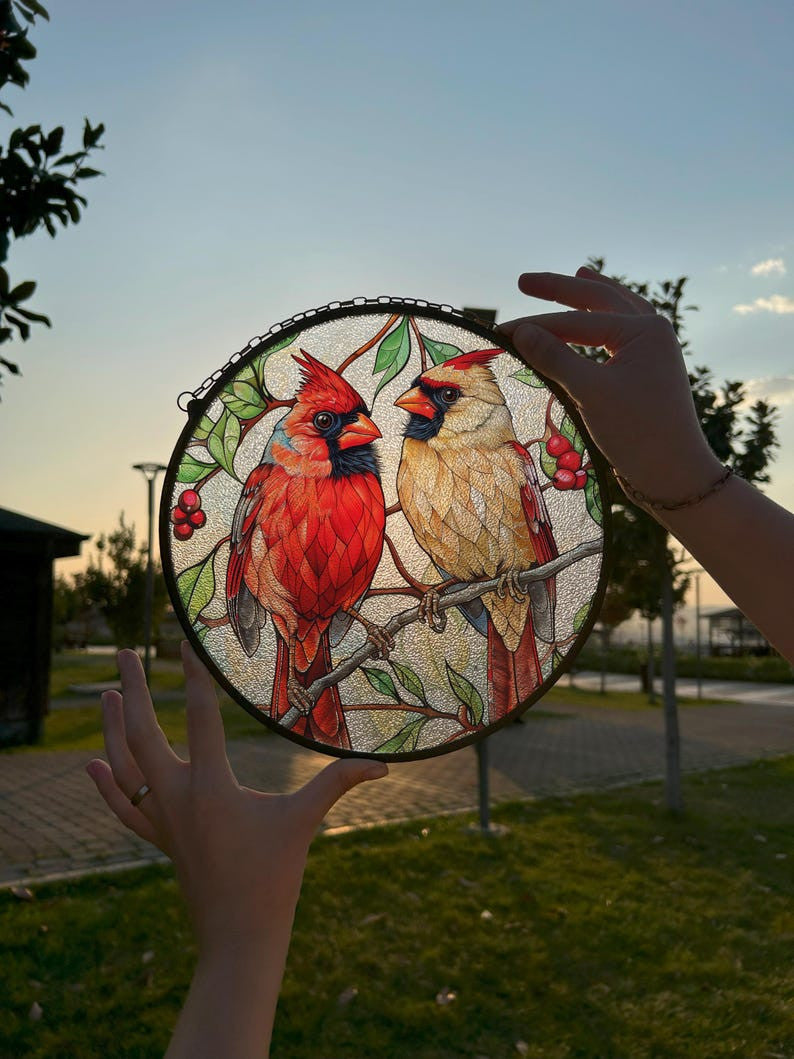 Cardinal Birds Painted Faux Stained Glass Suncatcher, Window Hanging Decor, Outdoor Sun Catcher Decor, Mirrorball Wall Decor