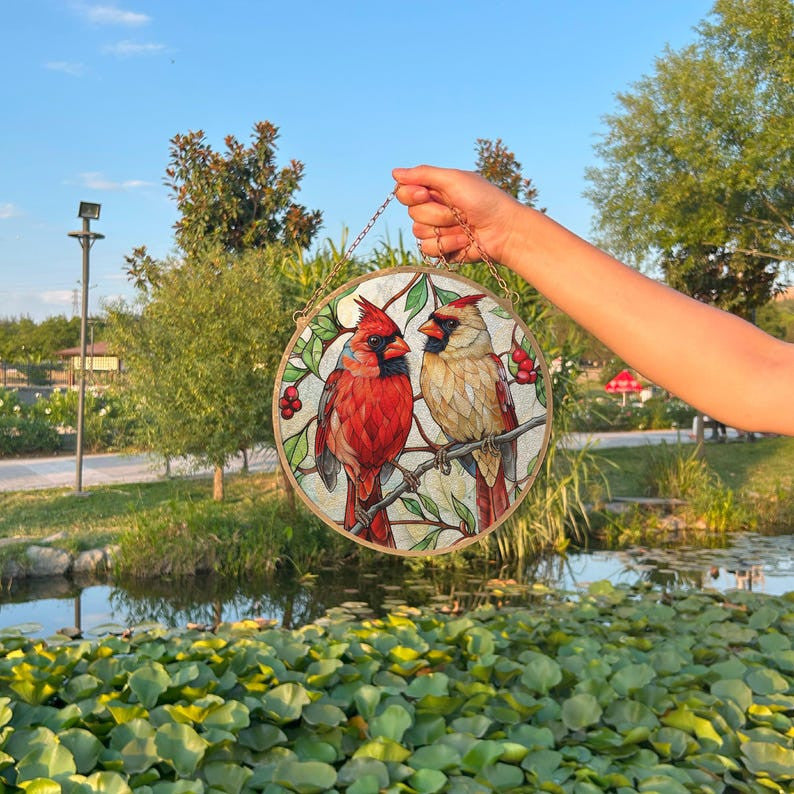 Cardinal Birds Painted Faux Stained Glass Suncatcher, Window Hanging Decor, Outdoor Sun Catcher Decor, Mirrorball Wall Decor