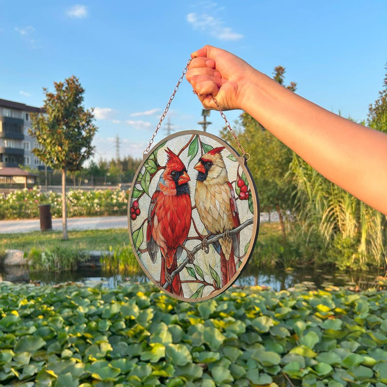 Cardinal Birds Painted Faux Stained Glass Suncatcher, Window Hanging Decor, Outdoor Sun Catcher Decor, Mirrorball Wall Decor