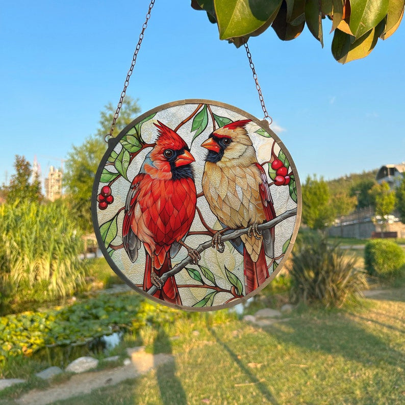 Cardinal Birds Painted Faux Stained Glass Suncatcher, Window Hanging Decor, Outdoor Sun Catcher Decor, Mirrorball Wall Decor
