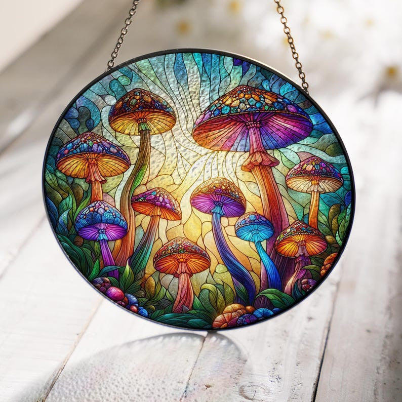 Mushroom Forest Glass Hanging, Autumn Pumpkin Glass, Bird Nerd, Nature Landscape, Fall Vibes, Thanksgiving Gift, Mushroom Hunter Gift