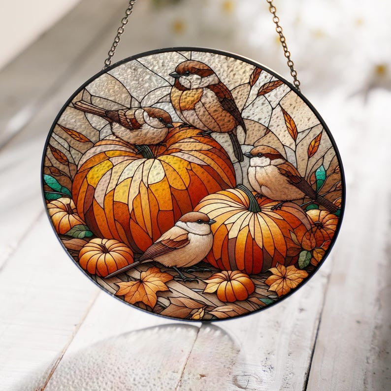 Birds Perched On Pumpkins Glass Hanging, Autumn Pumpkin Glass, Bird Nerd, Nature Landscape, Fall Vibes, Thanksgiving Gift