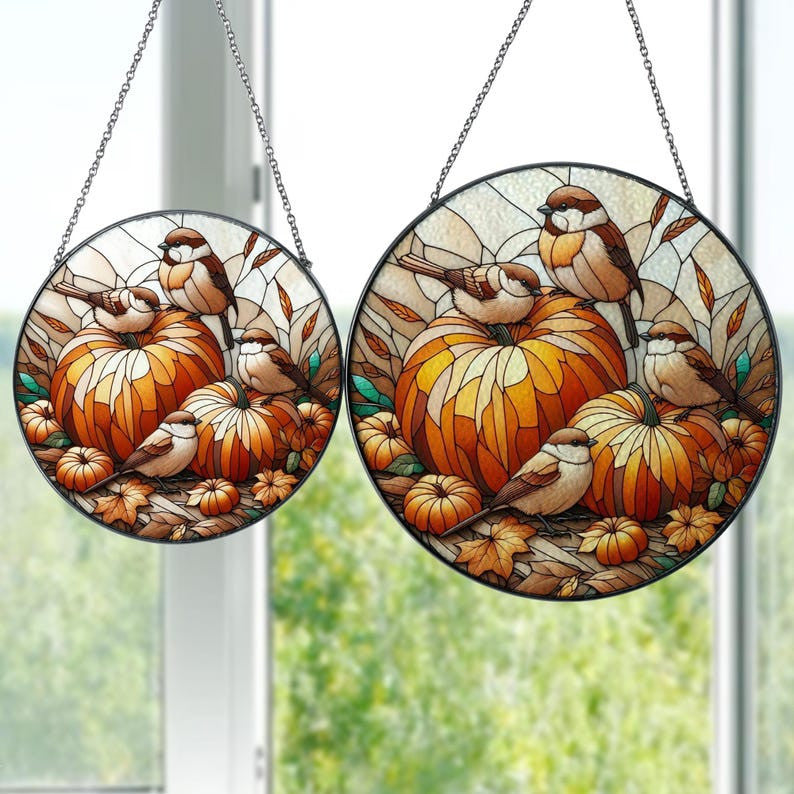 Birds Perched On Pumpkins Glass Hanging, Autumn Pumpkin Glass, Bird Nerd, Nature Landscape, Fall Vibes, Thanksgiving Gift