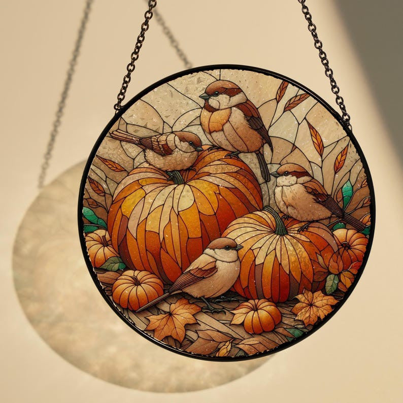 Birds Perched On Pumpkins Glass Hanging, Autumn Pumpkin Glass, Bird Nerd, Nature Landscape, Fall Vibes, Thanksgiving Gift