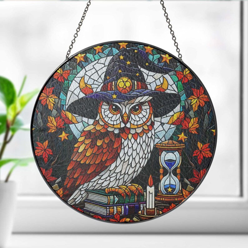 Mysterious Owl Witch Glass Decor, Halloween Owl Decor, Owl Suncatcher, Owl Lover Gift, Halloween Decor, Spooky Season, Owl Witch Decor
