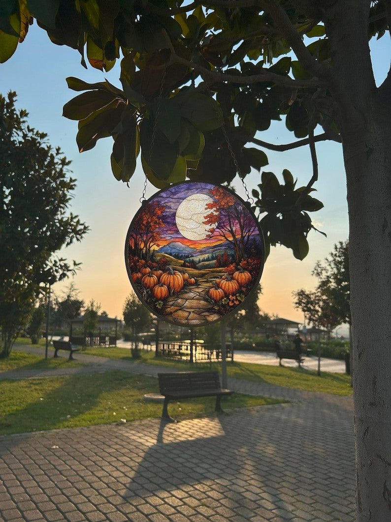 Pumpkins In The Forest Painted Faux Stained Glass Suncatcher, Window Hanging Decor, Outdoor Sun Catcher, Halloween Decor
