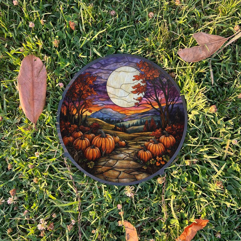 Pumpkins In The Forest Painted Faux Stained Glass Suncatcher, Window Hanging Decor, Outdoor Sun Catcher, Halloween Decor