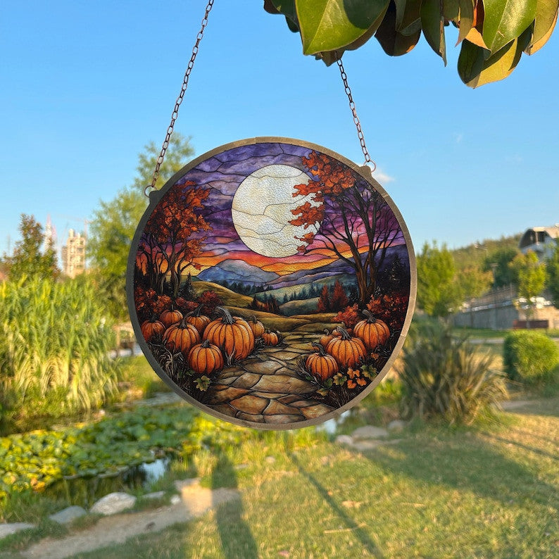 Pumpkins In The Forest Painted Faux Stained Glass Suncatcher, Window Hanging Decor, Outdoor Sun Catcher, Halloween Decor