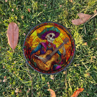 Mexican Skeleton Painted Faux Stained Glass Suncatcher, Window Hanging Decor, Outdoor Sun Catcher, Halloween Decor
