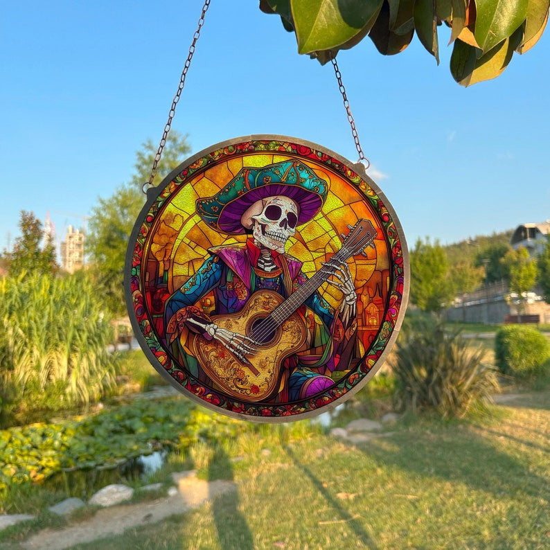 Mexican Skeleton Painted Faux Stained Glass Suncatcher, Window Hanging Decor, Outdoor Sun Catcher, Halloween Decor