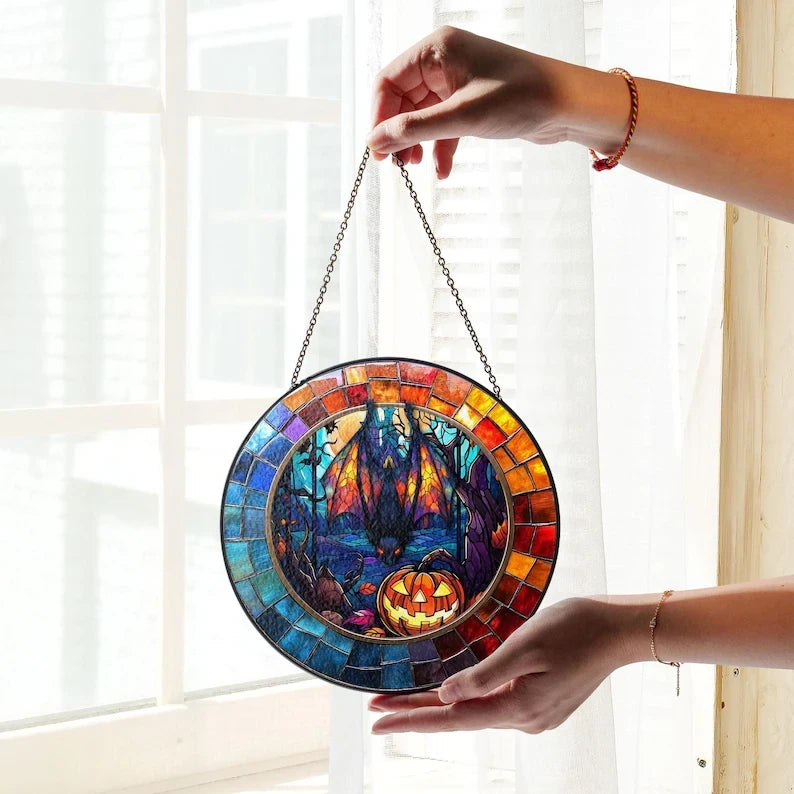 Black Bat Round Faux Stained Glass, Bat Suncatcher, Halloween Bat Faux Stained Glass Window Hanging, Bat Faux Stained Glass SunCatcher, Bat lover gift
