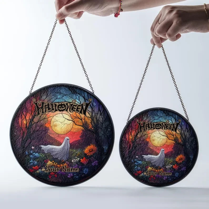 Spooky Round Faux Stained Glass, Spooky Suncatcher, Halloween Spooky Faux Stained Glass Window Hanging, Spooky Flower Faux Stained Glass SunCatcher